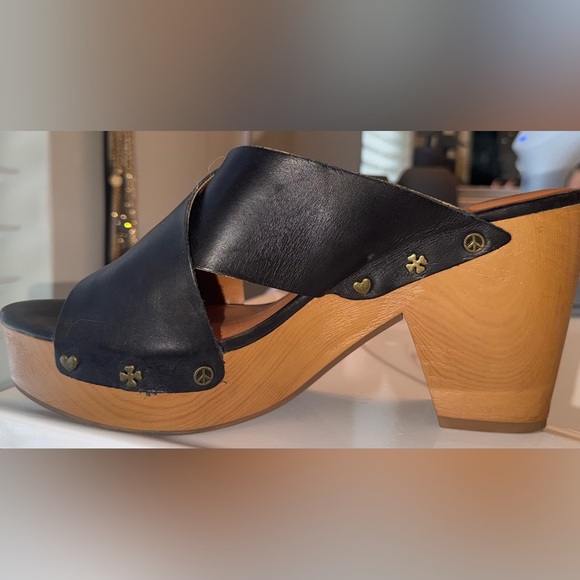 Lucky Brand Black Leather Summer Boho Retro Mules Tan Wooden Heel 9.5 - Picture 3 of 9